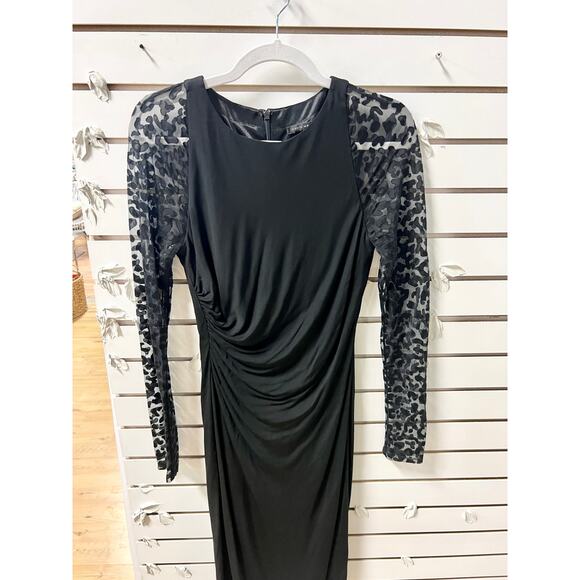David Meister Leopard Print Sheer Sleeve Ruched Side Midi Sheath Dress Black 6 - Picture 2 of 6